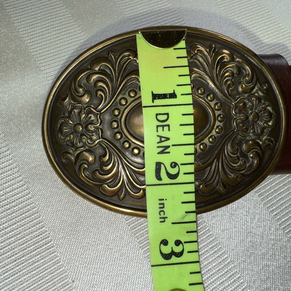 EXPRESS Genuine Italian Leather Embossed Belt Bronze Floral Hinged Buckle Size M